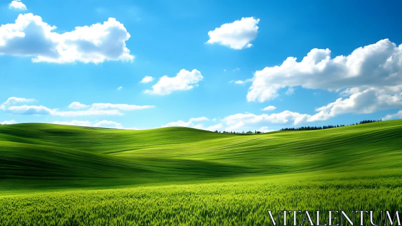 Sunlit green hills roll under deep blue summer sky.