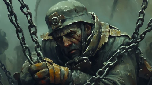 Battle-hardened soldier straining against heavy chains.