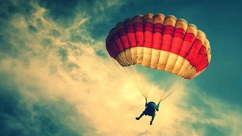 Skydiver glides beneath vivid sunset parachute canopy.