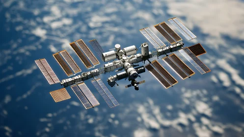 International Space Station orbits above blurred Earth clouds