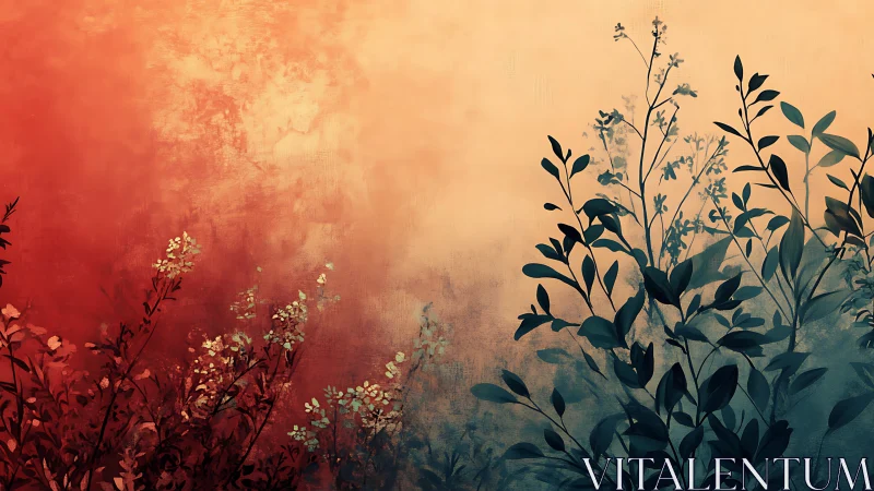 Botanical silhouettes across a dual-tone atmospheric gradient.