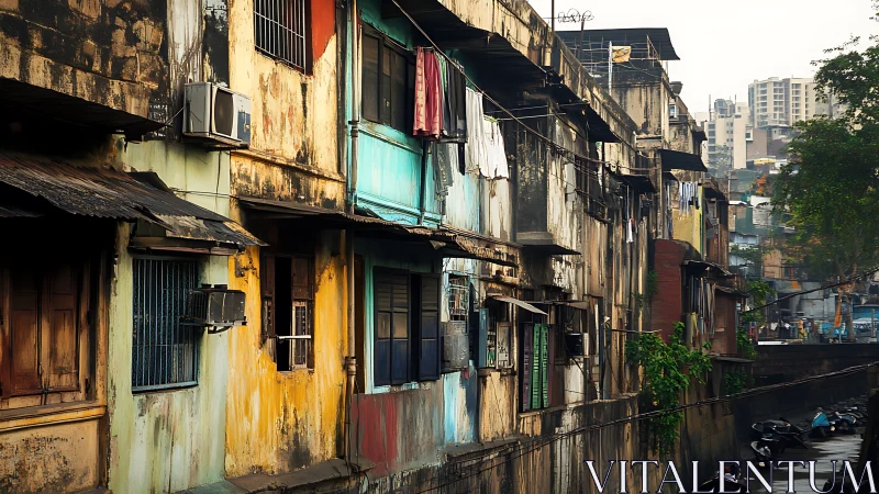 Weathered urban tenement blocks show layered city growth