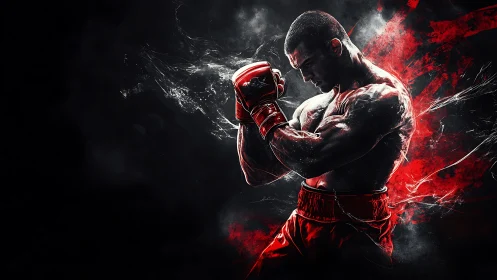Powerful boxer in red gloves strikes with explosive energy