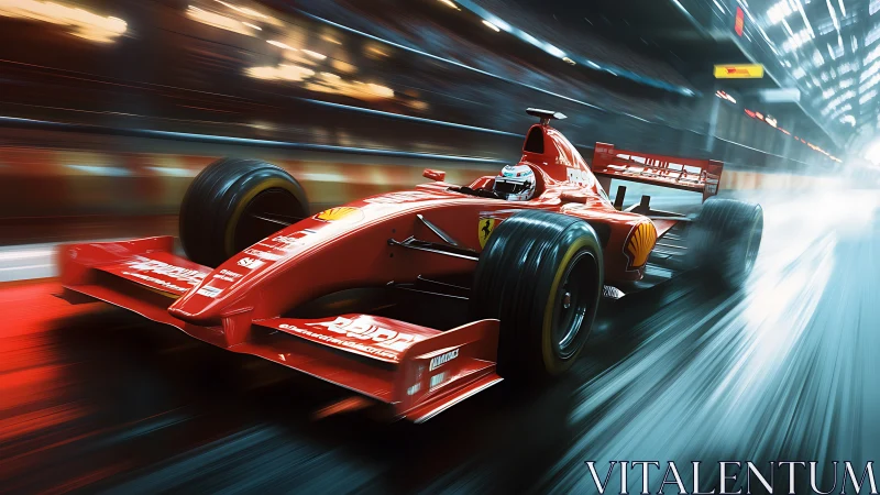 Red Formula race car blasts through neon-lit wet circuit