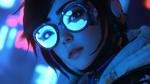 Neon city dreamer gazes ahead in glowing cyber glasses