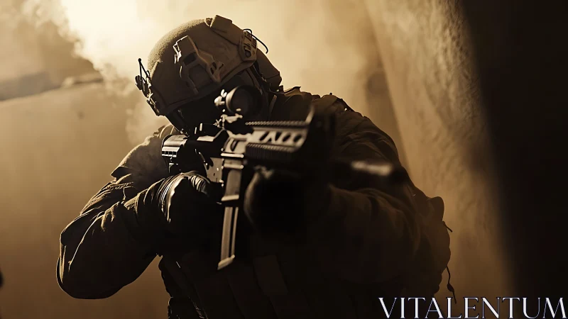 Armed soldier advancing in narrow corridor with rifle.