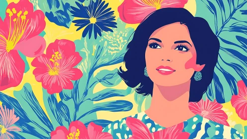 Vibrant Pop Art Portrait of Woman with Colorful Floral Background.