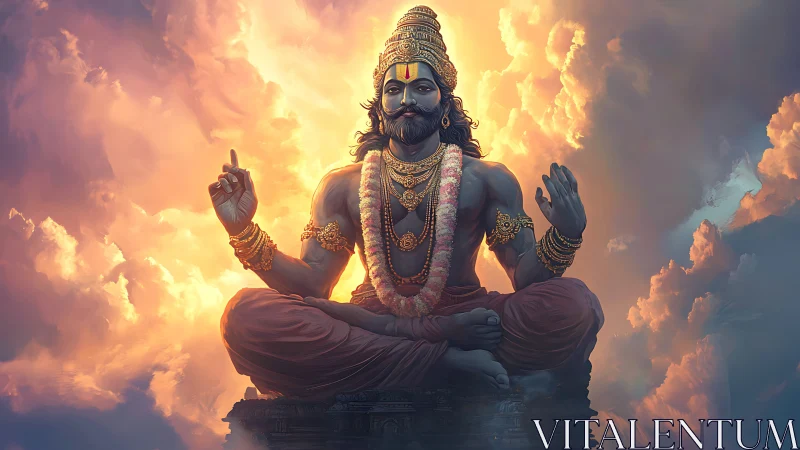 Radiant meditative deity sits calmly amid glowing clouds