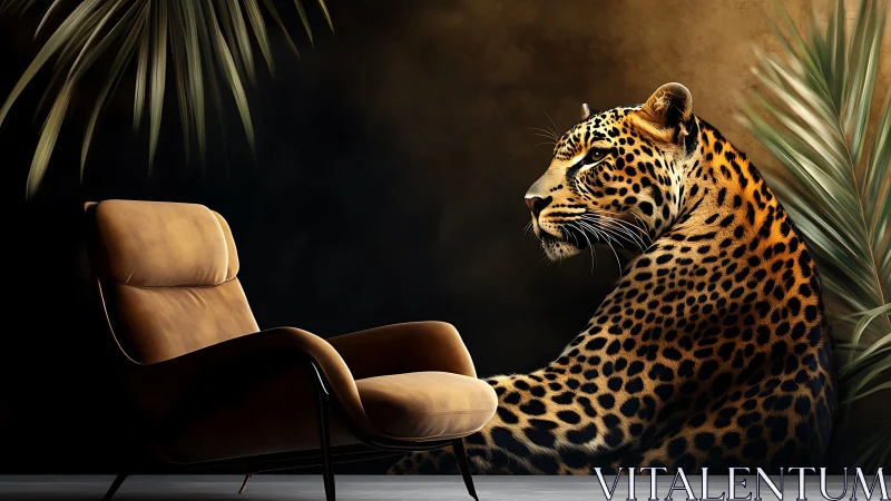 Leopard Profile Study with Mid-Century Furniture and Tropical Elements.