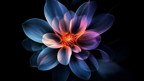 Luminous Algorithmic Flower with Radiant Orange Nucleus and Spectral Petals