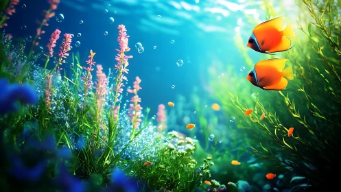 Tropical reef fish swim through dense aquatic plants