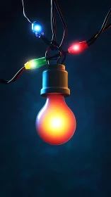 Glowing orange bulb hangs under vivid multicolor string lights