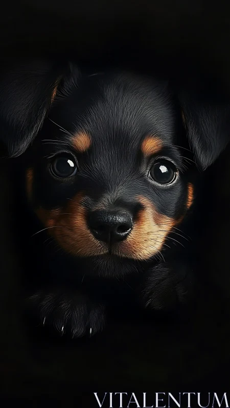 Puppy eyes shine softly from a dark, velvety background.