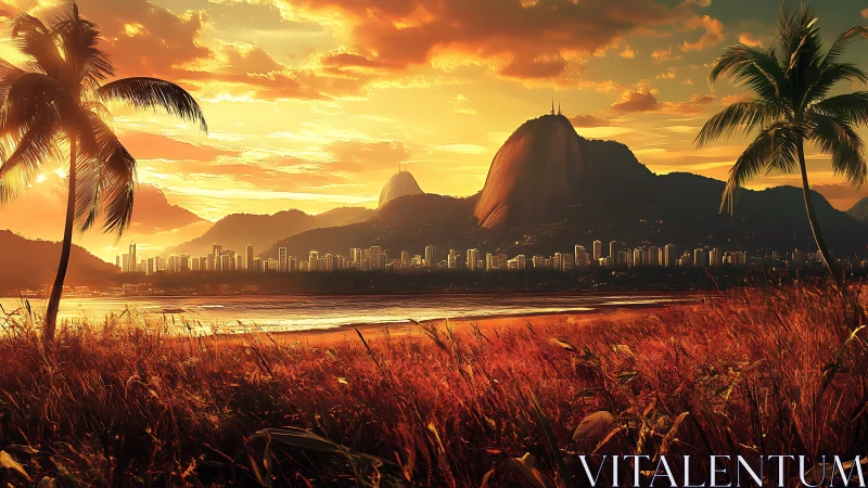 Coastal city skyline with mountains and beach at sunset.