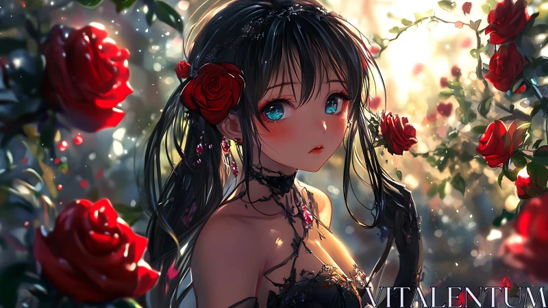 Anime girl with roses in detailed luminous garden scene.