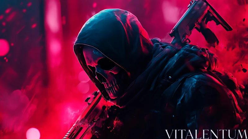 Hooded grim reaper soldier emerges in neon crimson haze.