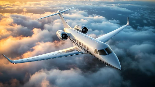 Business jet cruises above stratiform cloud layer at sunset