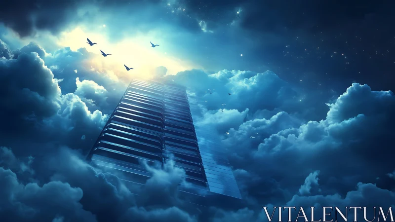 Celestial piano staircase climbs into a glowing storm of stars.