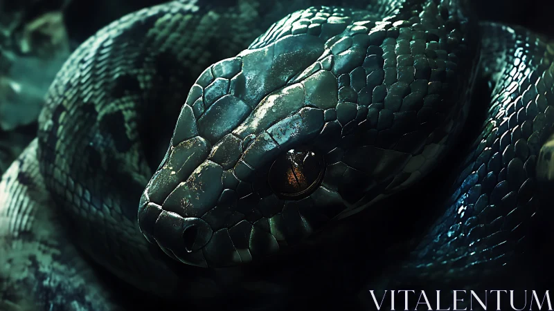 Emerald scales in shadowed light, a quiet serpent gaze.