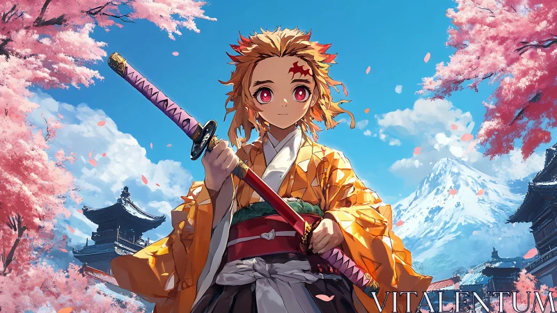 Anime swordsman in kimono amid cherry blossoms and mountain.