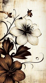 Vintage floral illustration with bold sepia blossoms.