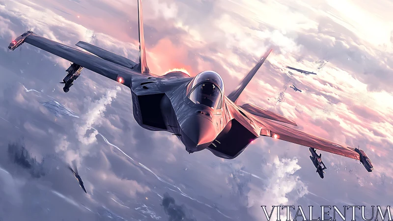 Futuristic stealth jet fighter in high altitude combat