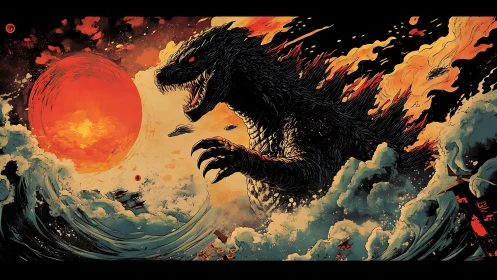 Kaiju colossus erupts from storm surf under burning sun.