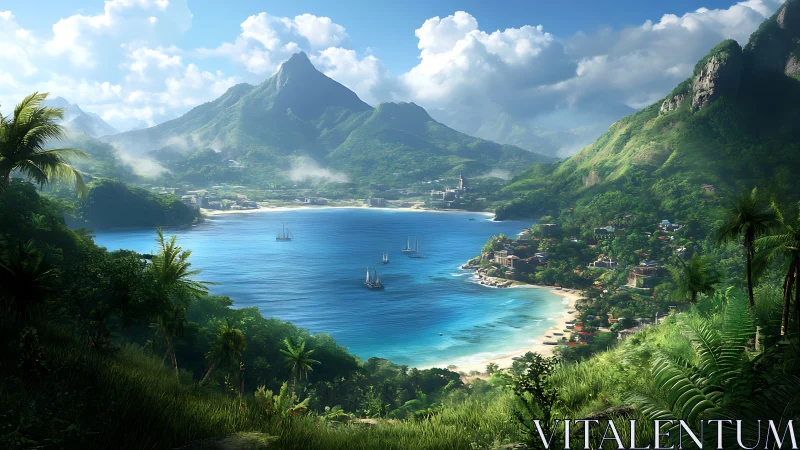 Tropical Paradise Bay with Dramatic Volcanic Peak.