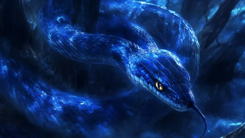 Coiled blue serpent in dark forest with reflective scales.