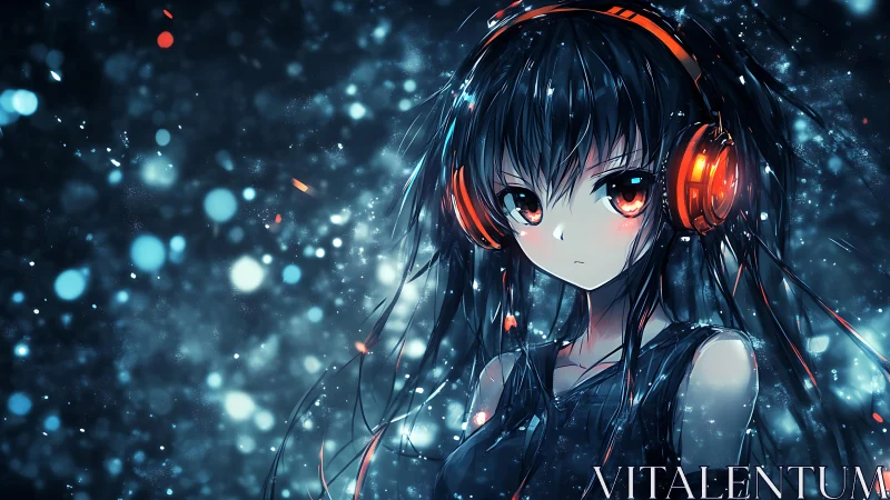 Anime girl with orange headphones in glowing night scene.