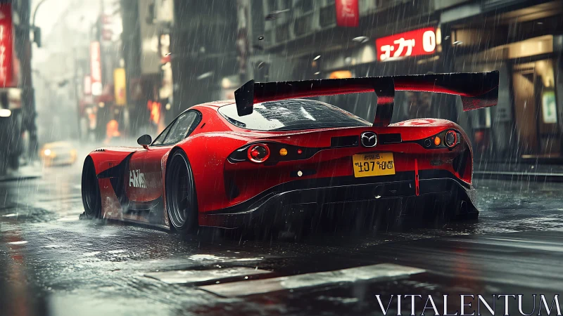 Photorealistic red race car in cinematic Tokyo night rain scene.