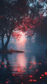 Red foliage over misty lake at soft sunset glow.