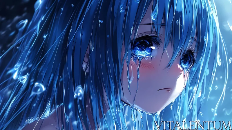 Blue haired anime girl crying under cascading water.