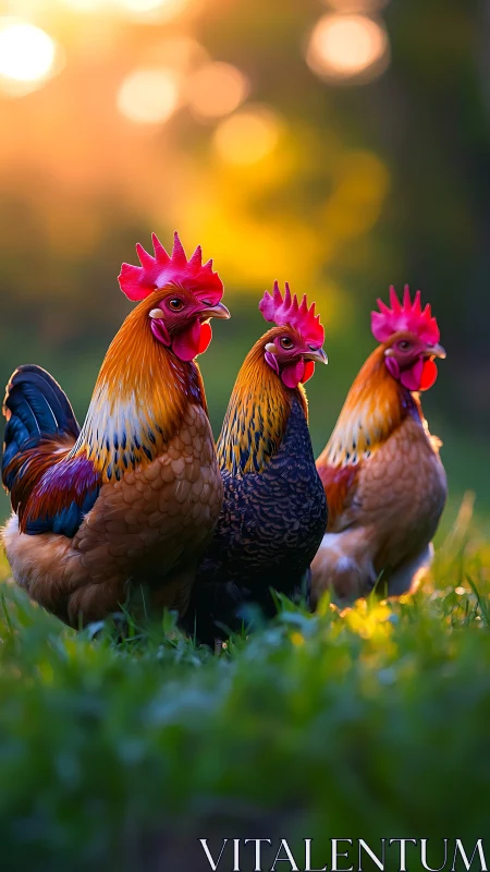 Three Vibrant Roosters Strut Through Golden Grass.