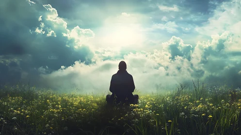 Solitary dreamer rests beneath storm-brightened skyfields.