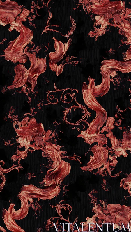Flowing red brushstroke ribbons dance across deep black