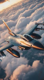 Sunlit jet warrior carving molten trails above clouds.