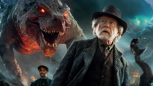 Victorian adventurers confront a fiery dragon in stormy skies