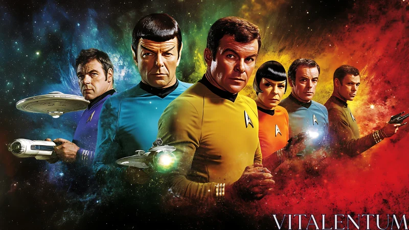 Starfleet crew lineup against colorful nebula backdrop.