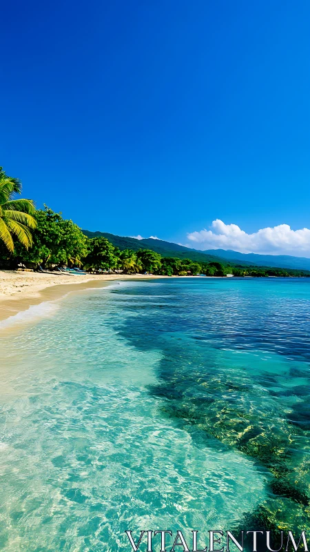 Coastal shoreline shows clear shallows and adjacent tree line