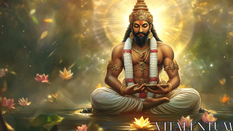 Radiant yogic deity in lotus pond with volumetric light fields.
