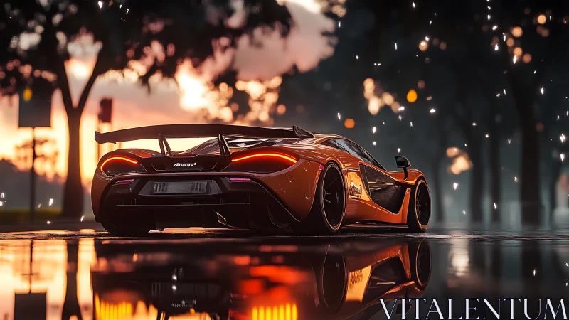 Orange supercar reflects on wet street under glowing sparks