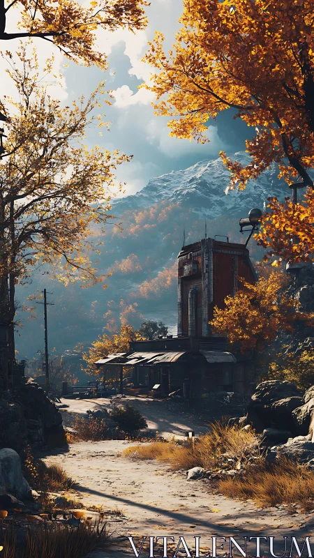 Autumn mountain pass with derelict substation and dust road.