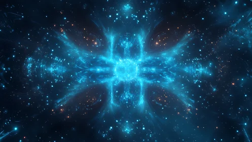 Symmetrical blue energy burst in deep space field.