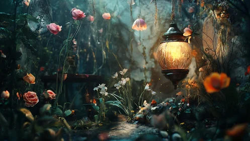 Lanternlight coaxes midnight flowers into a glowing secret waltz