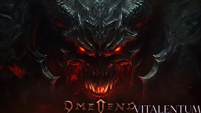 Infernal demonic visage with glowing embers and horned carapace