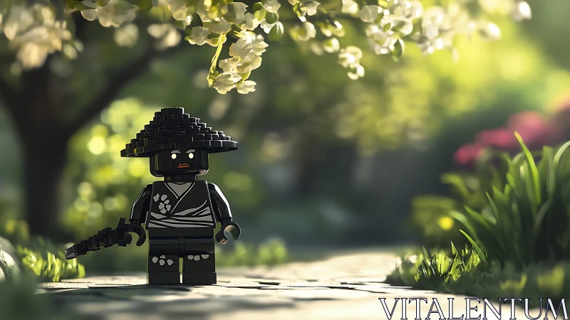 Plastic ronin wanders soft-focus garden of sunlit petals.