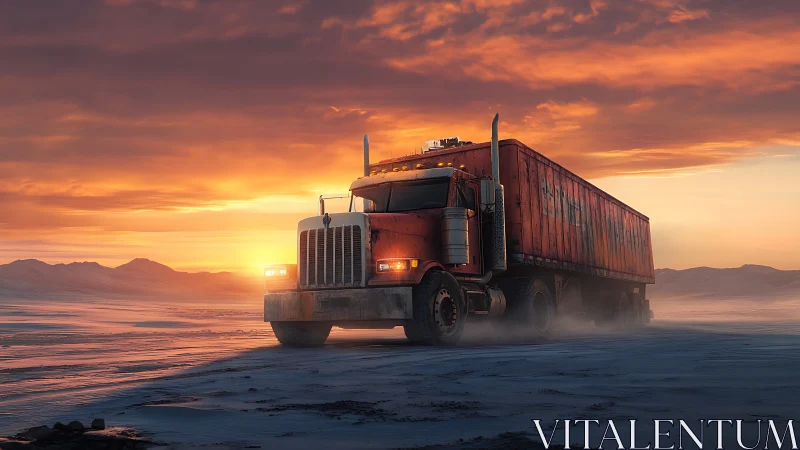 Photorealistic semi truck at sunset on desolate ice plain.