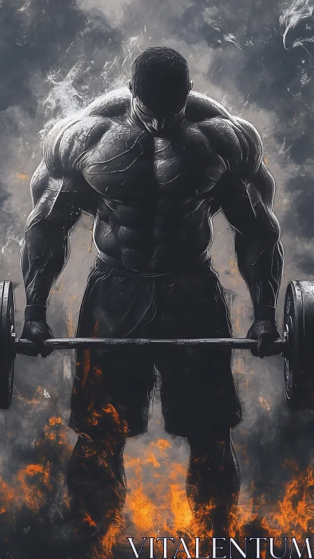 Muscular lifter silhouette over fire with barbell weight.