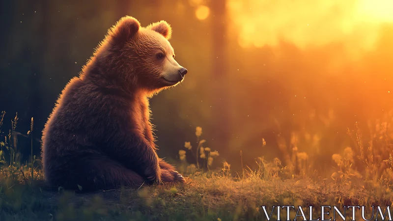 Golden backlit bear cub in serene forest meadow at dusk.